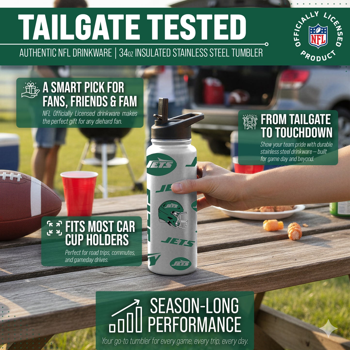 New York Jets NFL 34oz Quencher Stainless Steel Insulated Water Bottle - White