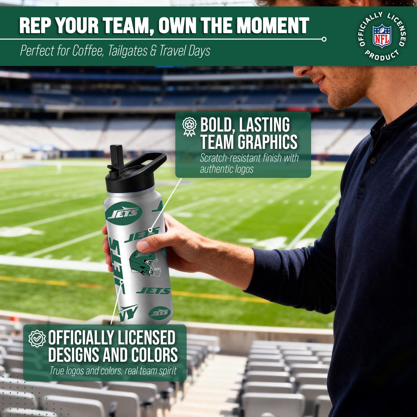 New York Jets NFL 34oz Quencher Stainless Steel Insulated Water Bottle - White