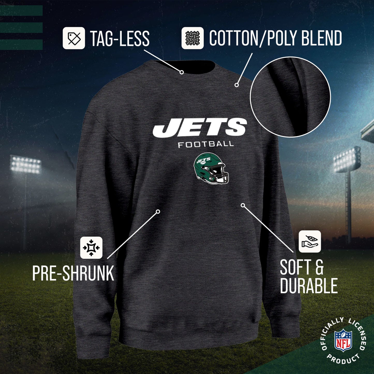 New York Jets Adult NFL Football Helmet Heather Crewneck Sweatshirt - Charcoal