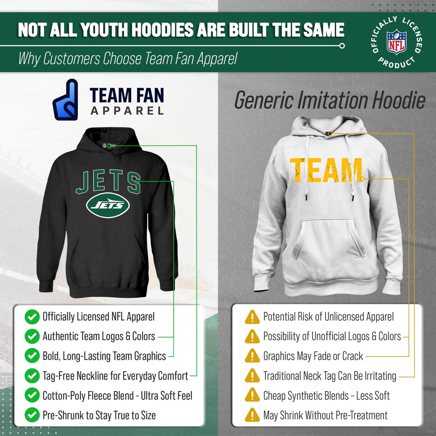 New York Jets NFL Youth Home Team Hoodie- Kids Hooded Sweatshirt - Black