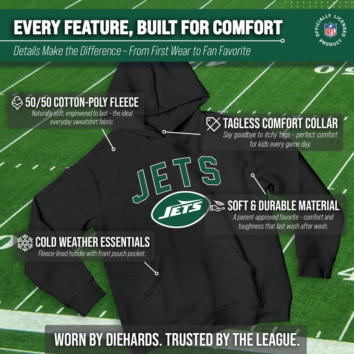 New York Jets NFL Youth Home Team Hoodie- Kids Hooded Sweatshirt - Black