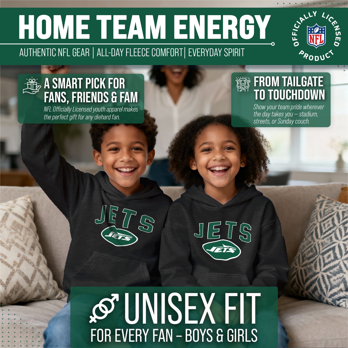 New York Jets NFL Youth Home Team Hoodie- Kids Hooded Sweatshirt - Black