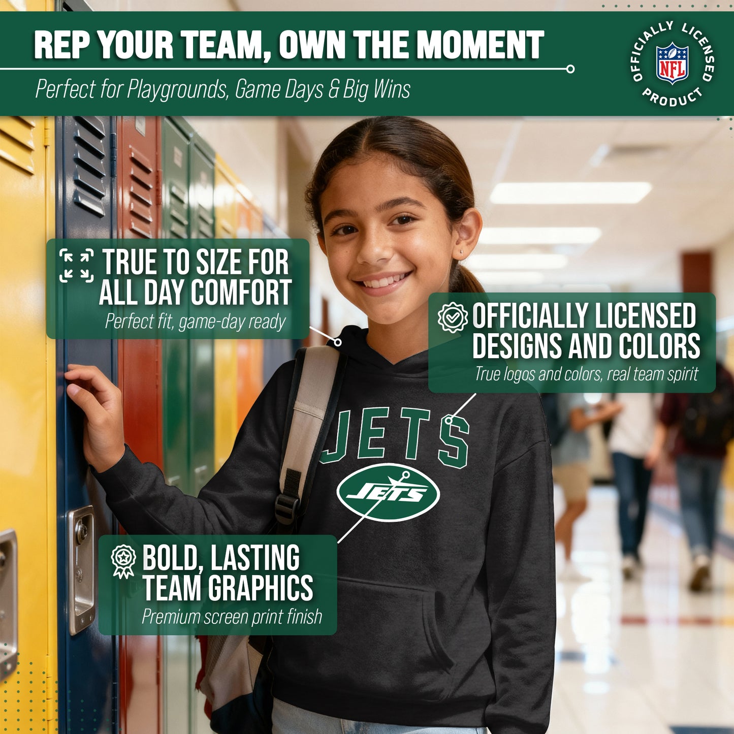 New York Jets NFL Youth Home Team Hoodie- Kids Hooded Sweatshirt - Black