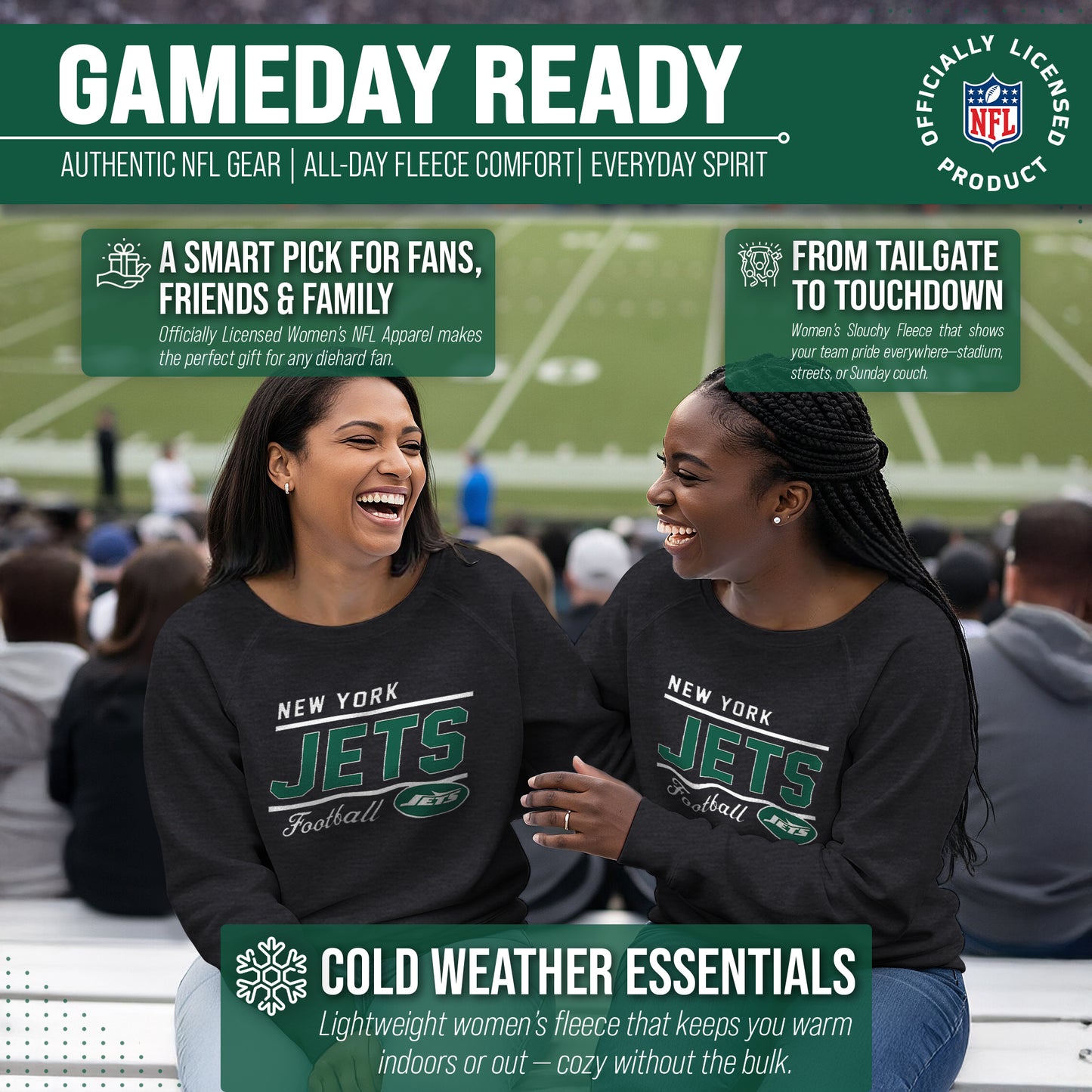 New York Jets NFL Womens Gameday French Terry Slouchy Top- Raglan Sleeves - Charcoal