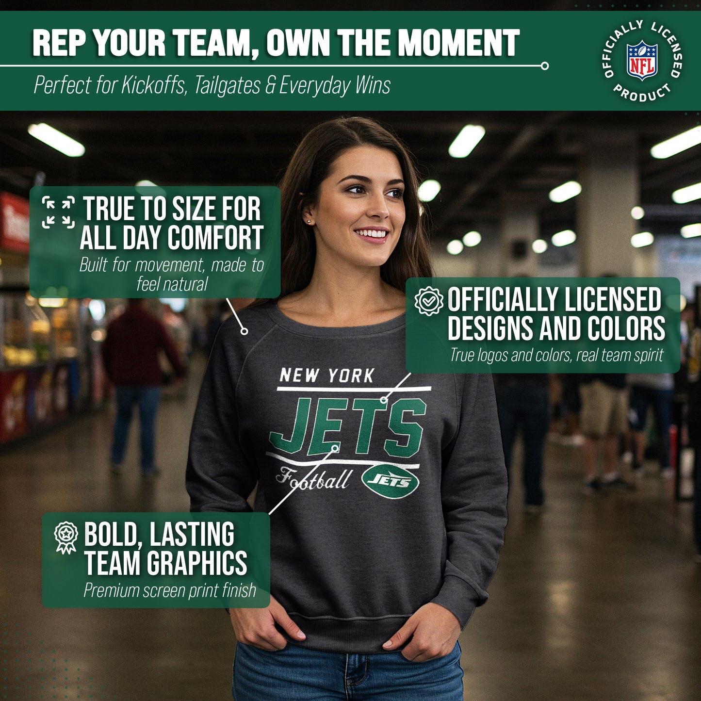 New York Jets NFL Womens Gameday French Terry Slouchy Top- Raglan Sleeves - Charcoal