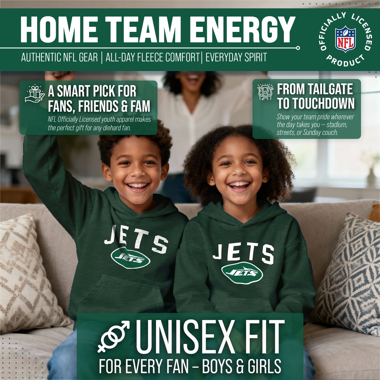 New York Jets NFL Youth Home Team Hoodie- Kids Hooded Sweatshirt - Green