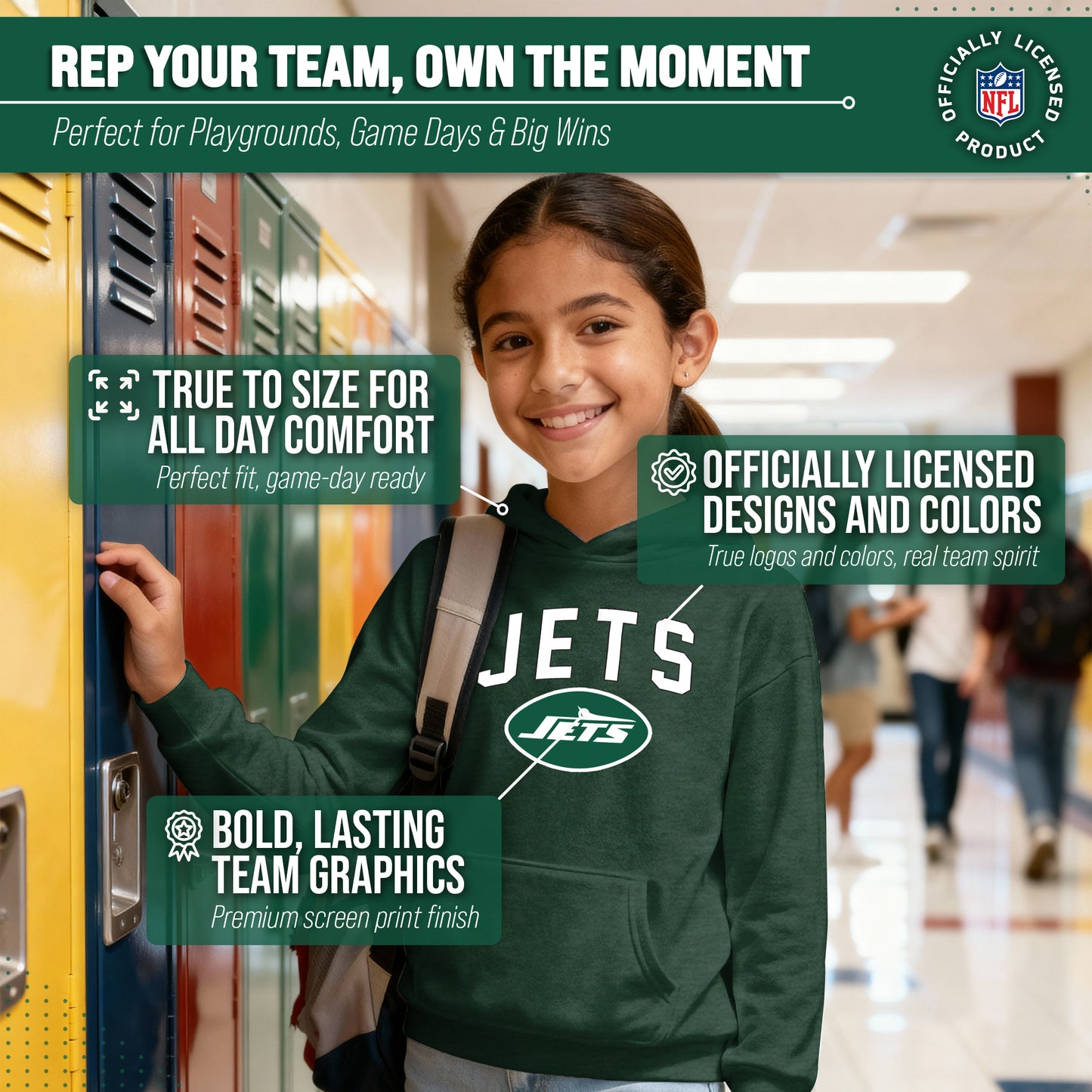 New York Jets NFL Youth Home Team Hoodie- Kids Hooded Sweatshirt - Green