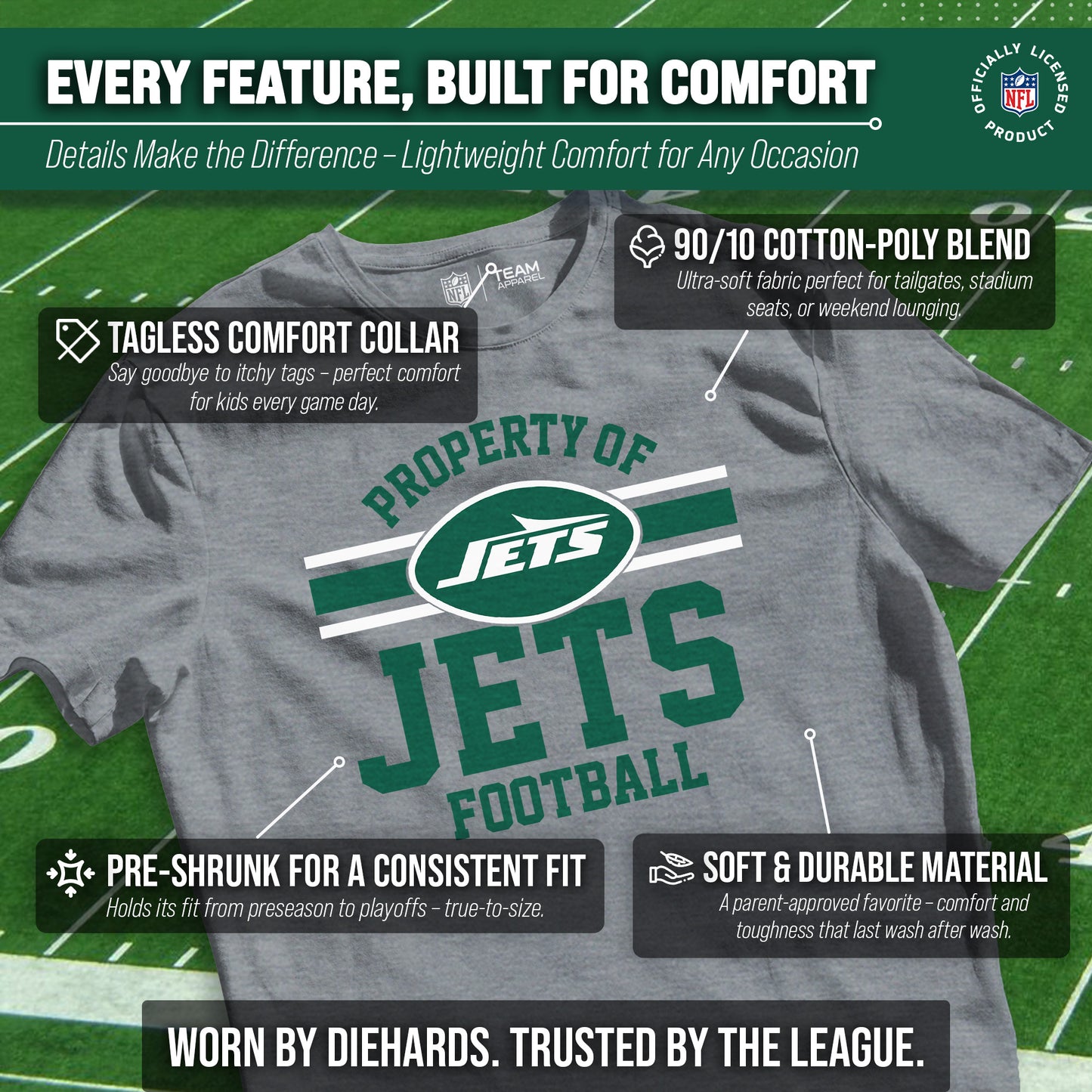New York Jets NFL Youth Property Of Short Sleeve Lightweight T Shirt - Sport Gray