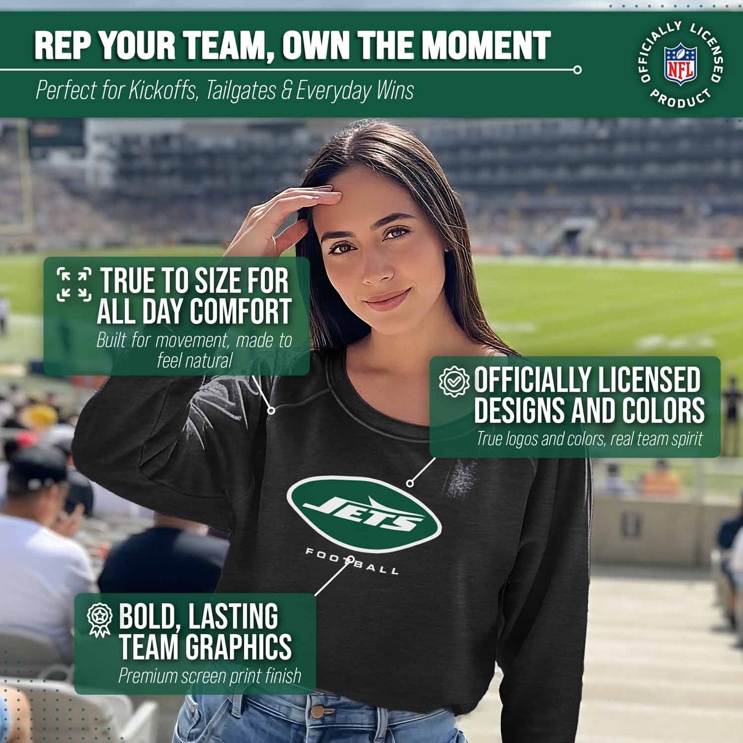New York Jets NFL Womens Ultimate Fan French Terry Slouchy Top- Raglan Sleeves - Charcoal