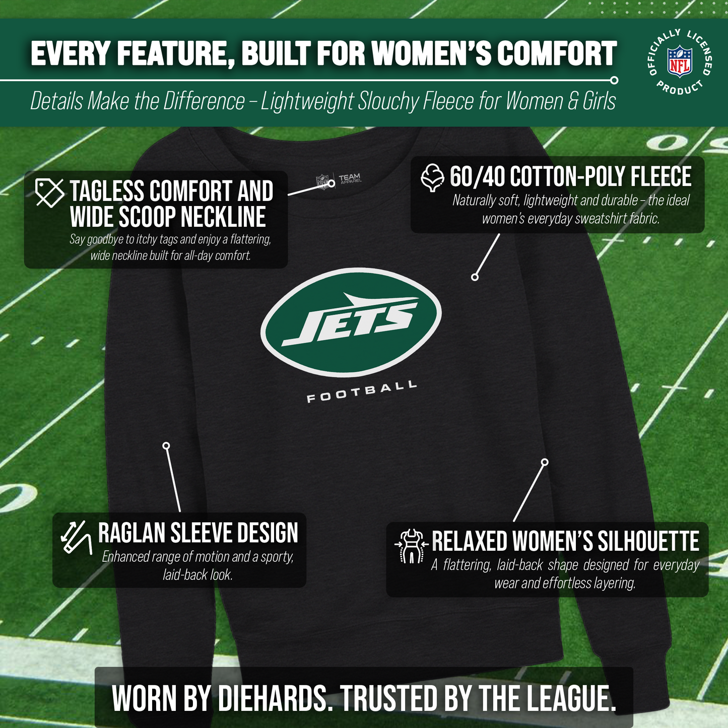 New York Jets NFL Womens Ultimate Fan French Terry Slouchy Top- Raglan Sleeves - Charcoal