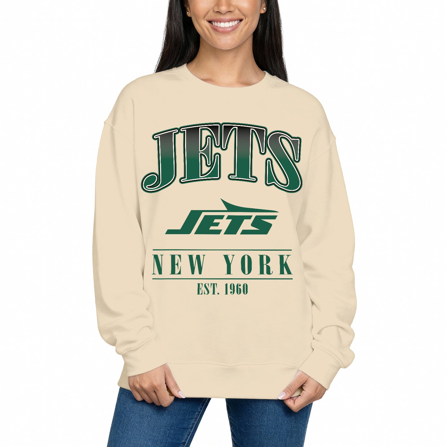New York Jets Womens NFL Starstruck Crewneck Pullover - Cream