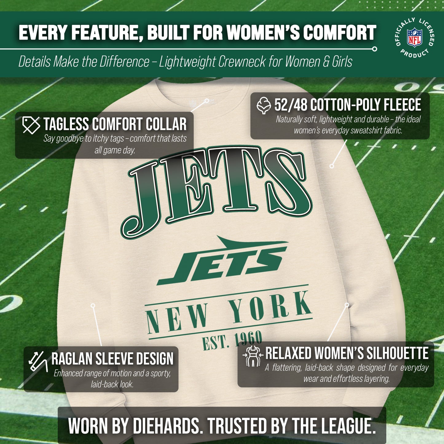New York Jets Womens NFL Starstruck Crewneck Pullover - Cream