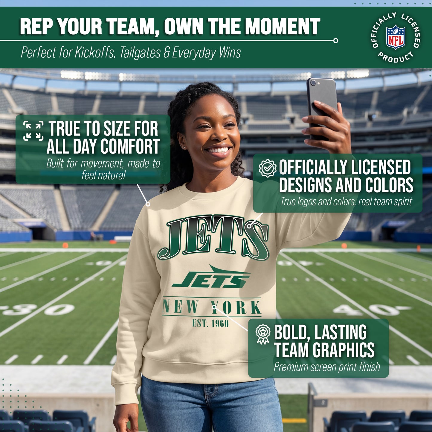 New York Jets Womens NFL Starstruck Crewneck Pullover - Cream