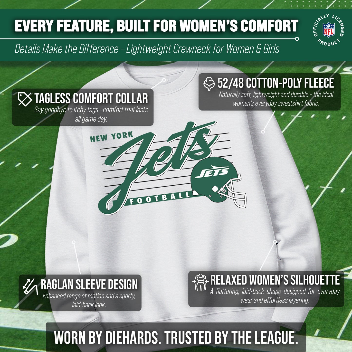 New York Jets Womens NFL Scrimmage Line Crewneck Pullover - Gray Heather