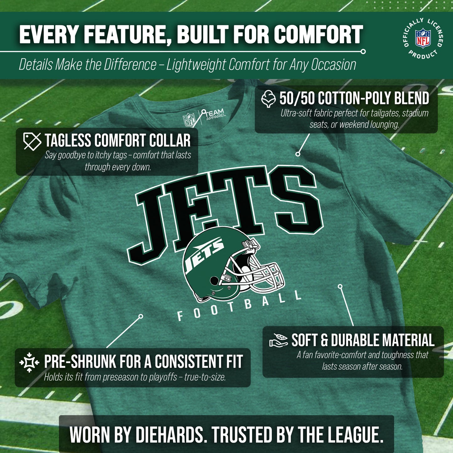 New York Jets NFL Adult All Star Heather Tag-Less T-Shirt - Green Heather
