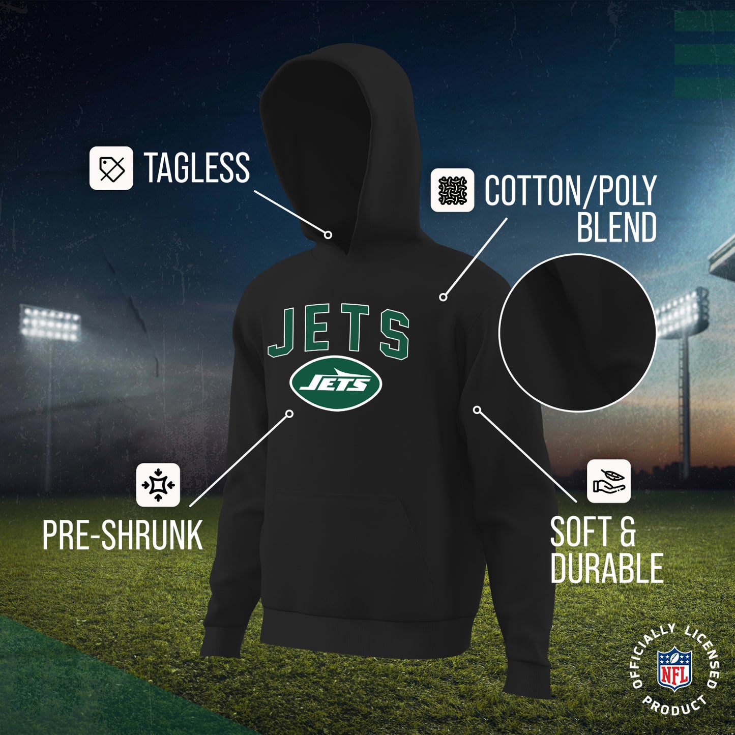 New York Jets NFL Youth Home Team Hoodie- Kids Hooded Sweatshirt - Black