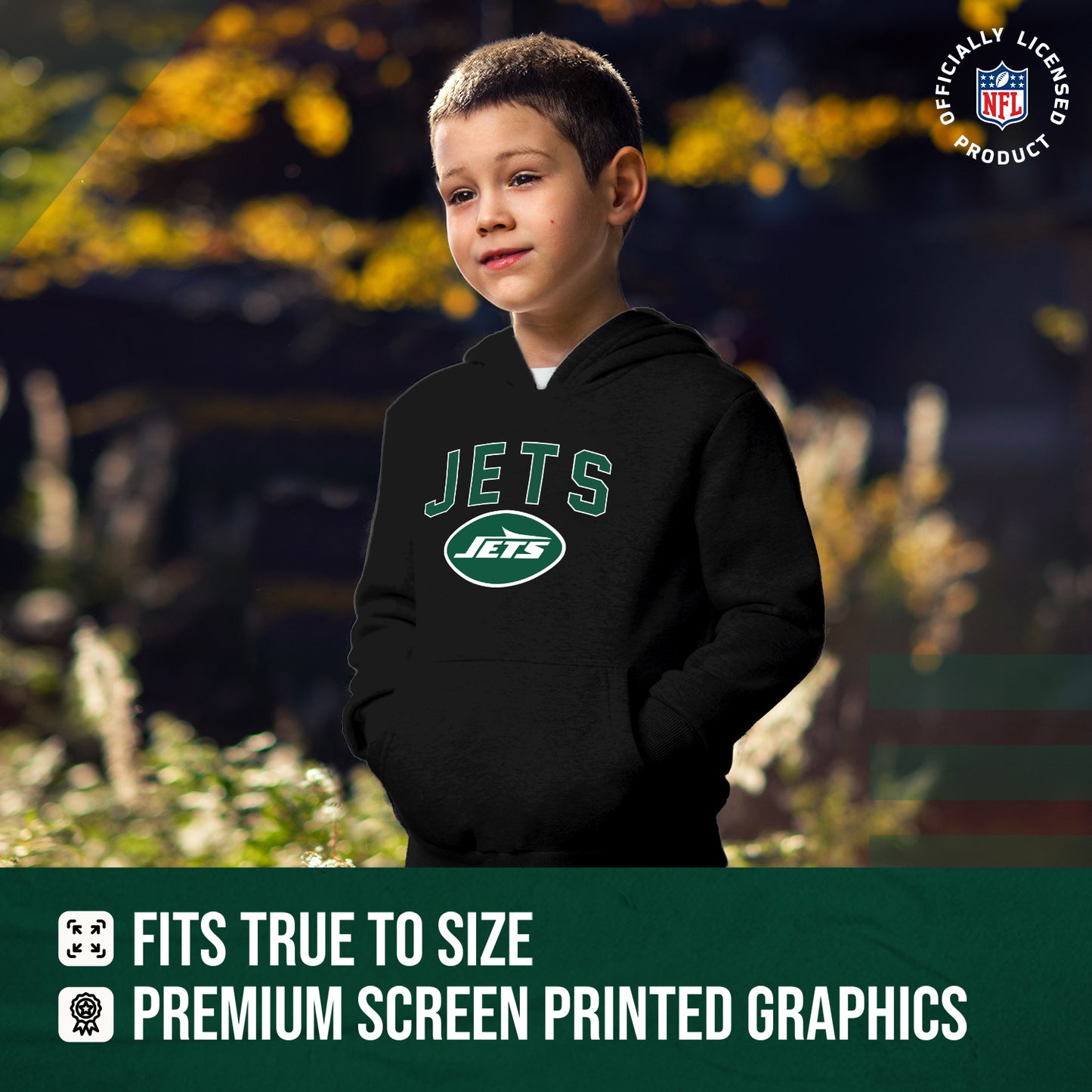 New York Jets NFL Youth Home Team Hoodie- Kids Hooded Sweatshirt - Black