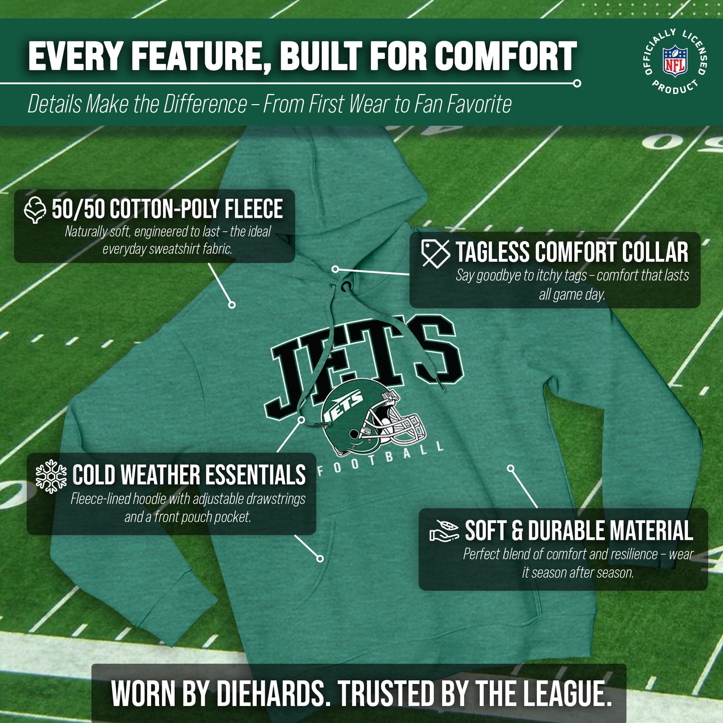 New York Jets NFL Adult Unisex All Star Soft Fleece Hooded Sweatshirt - Green Heather