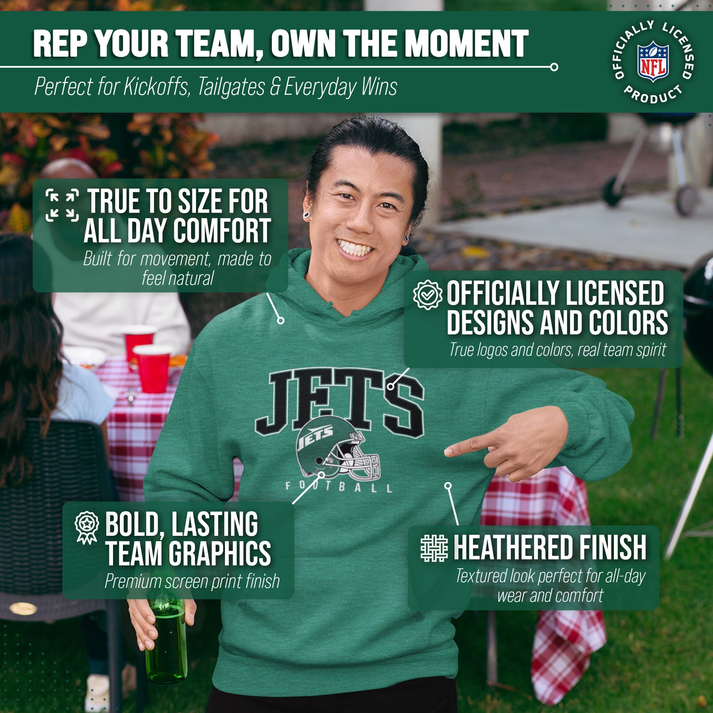 New York Jets NFL Adult Unisex All Star Soft Fleece Hooded Sweatshirt - Green Heather