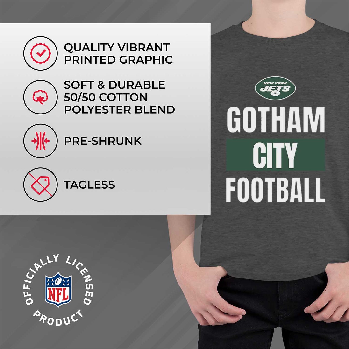 New York Jets NFL Youth Team Slogan Short Sleeve Lightweight T Shirt - Charcoal