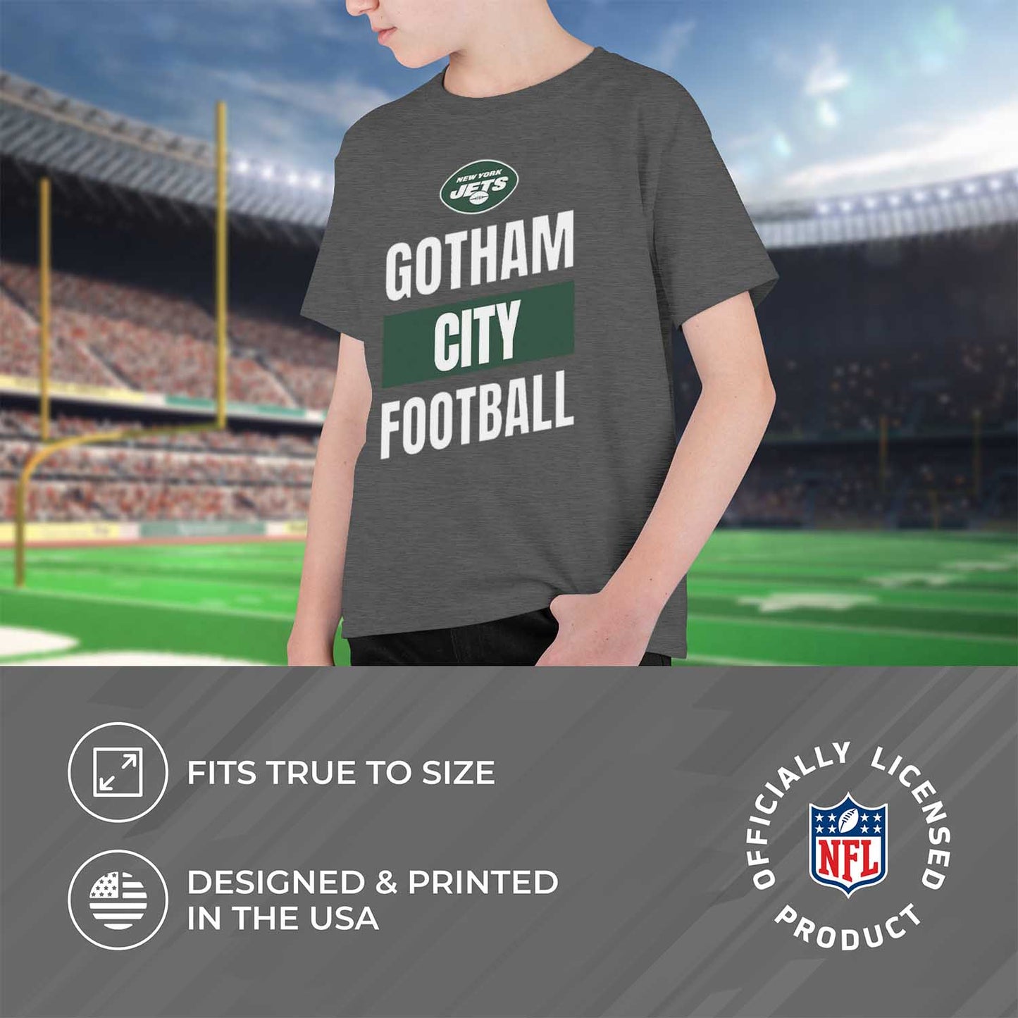 New York Jets NFL Youth Team Slogan Short Sleeve Lightweight T Shirt - Charcoal