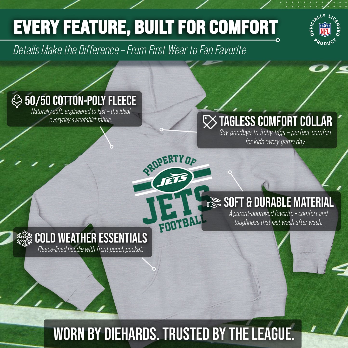 New York Jets NFL Youth Property Of Hooded Sweatshirt - Sport Gray