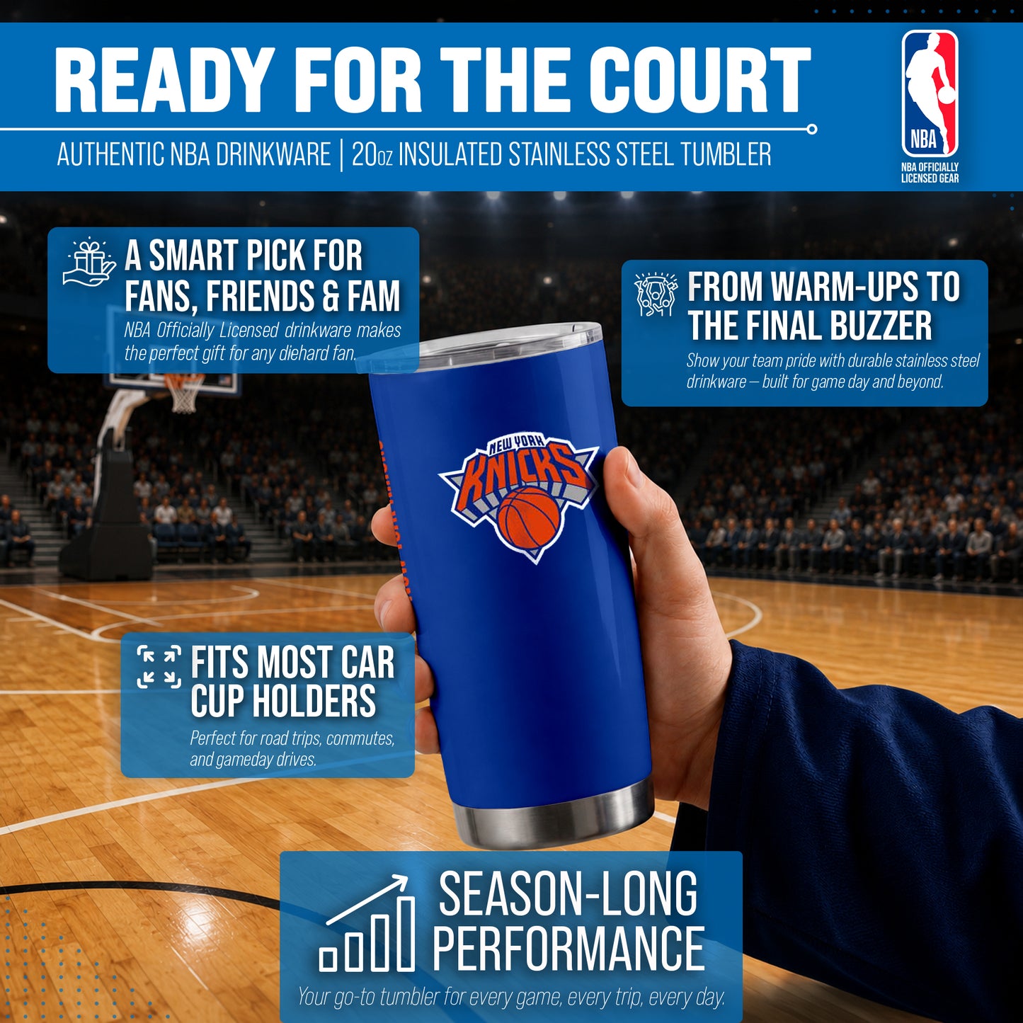 New York Knicks NBA Basketball 20oz Stainless Steel Vacuum Insulated Game Day Tumbler with Silicone Grip - Royal