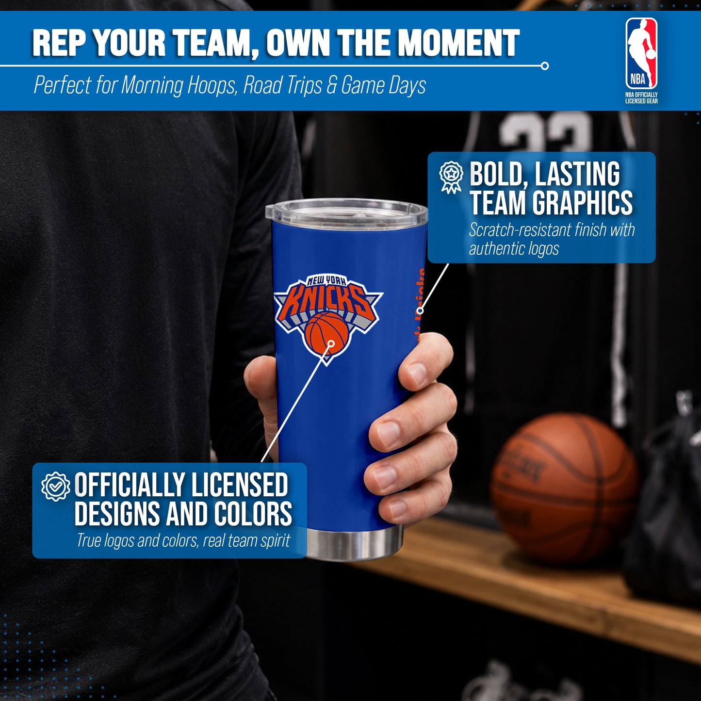 New York Knicks NBA Basketball 20oz Stainless Steel Vacuum Insulated Game Day Tumbler with Silicone Grip - Royal