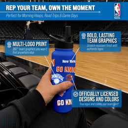 New York Knicks NBA Basketball 34oz Stainless Steel Vacuum Insulated Game Day Water Bottle with Flip Straw Lid and Handle - Royal