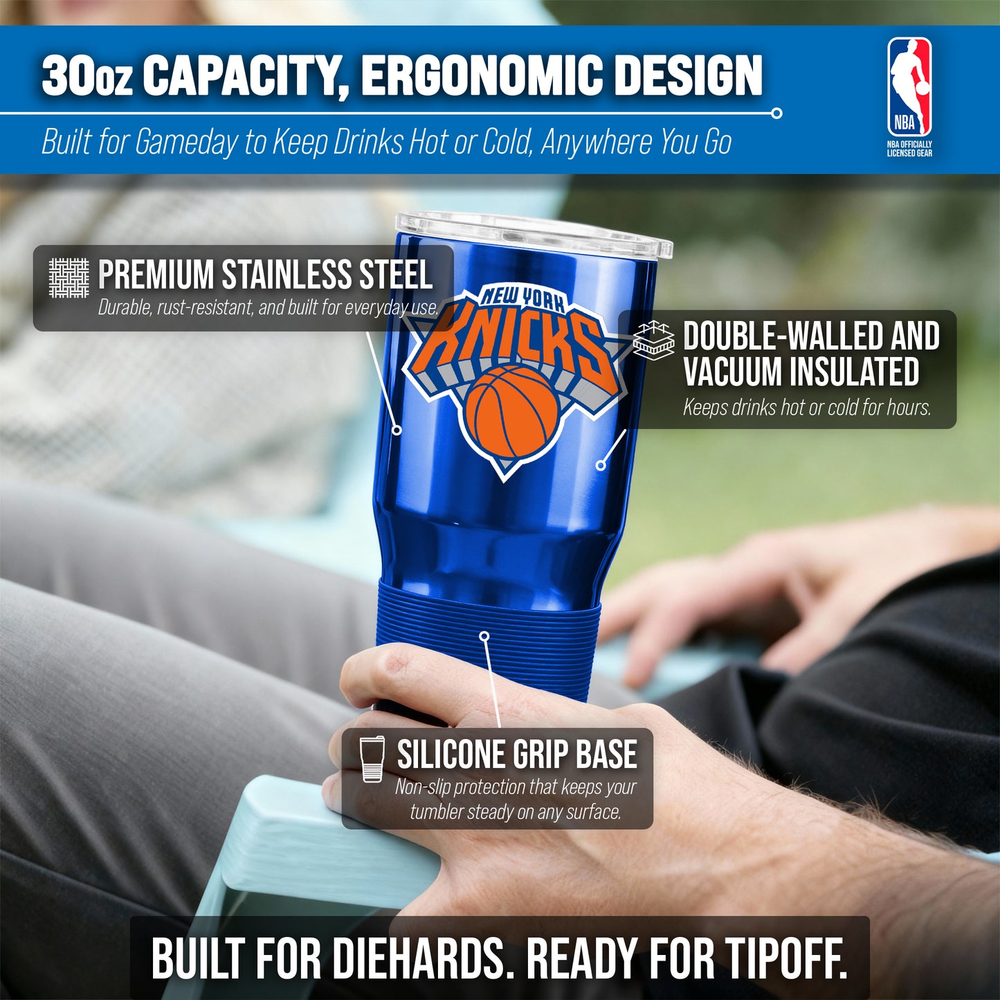 New York Knicks NBA Basketball 30oz Stainless Steel Vacuum Insulated Game Day Tumbler with Silicone Grip - Royal
