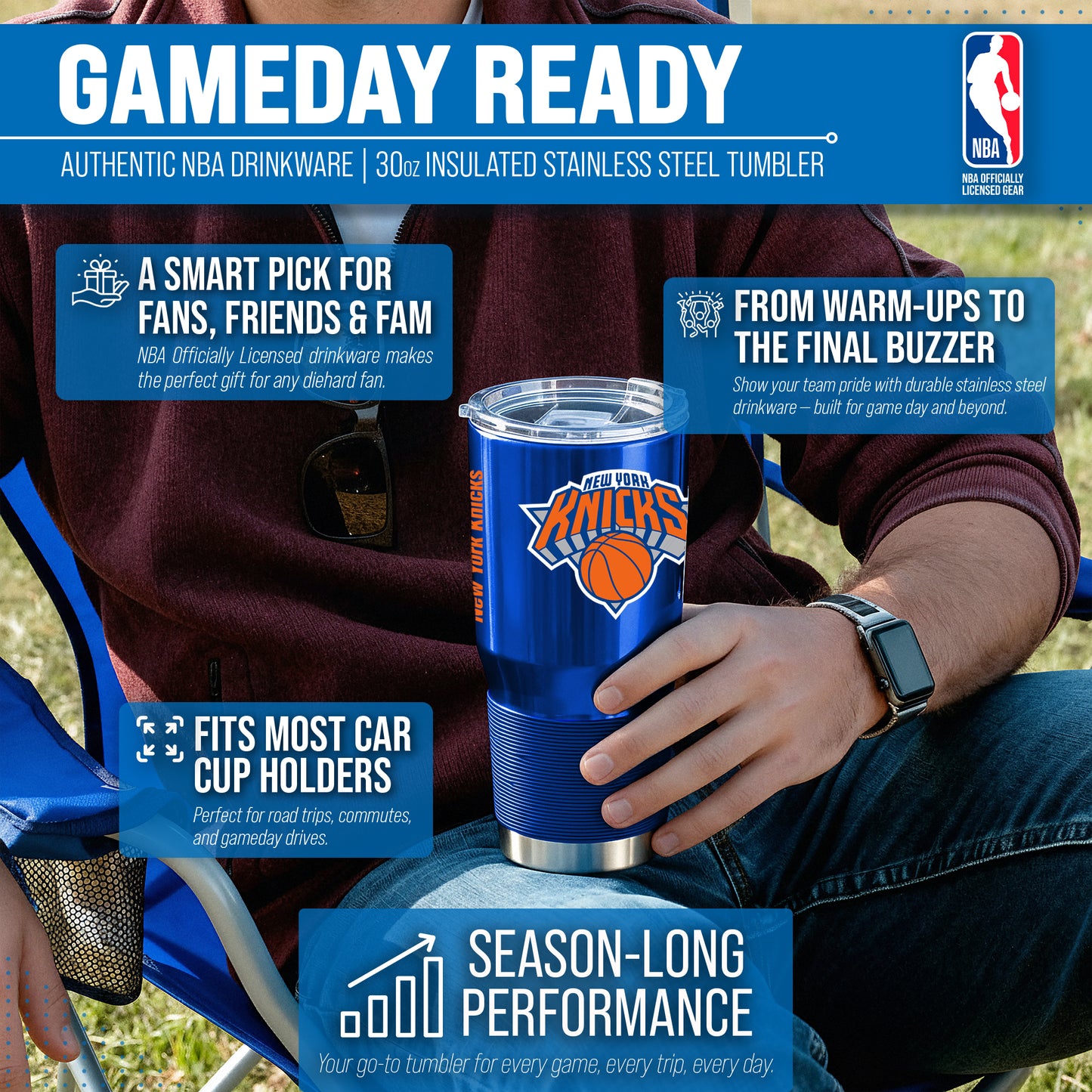 New York Knicks NBA Basketball 30oz Stainless Steel Vacuum Insulated Game Day Tumbler with Silicone Grip - Royal