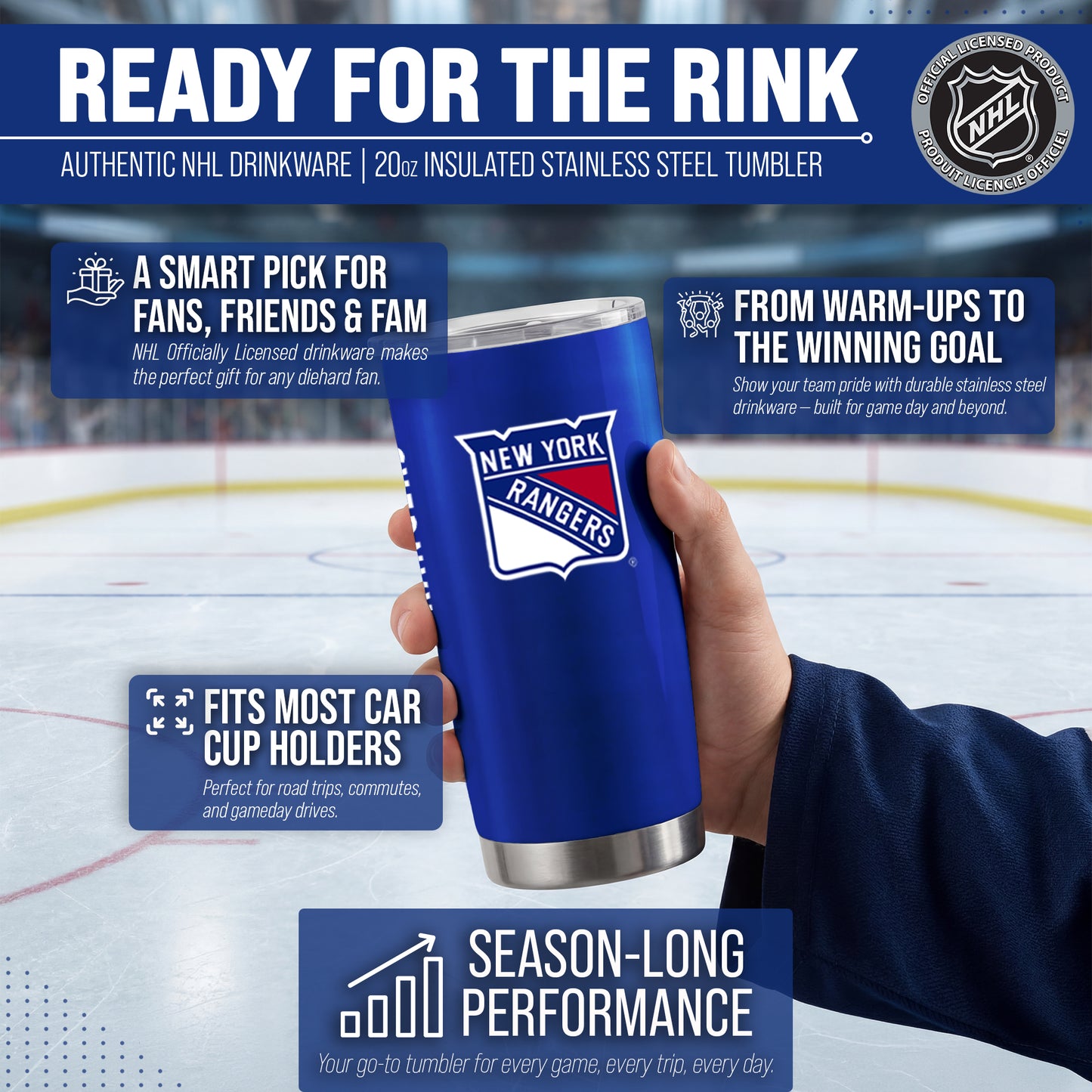 New York Rangers NHL Hockey 20oz Stainless Steel Vacuum Insulated Game Day Tumbler with Silicone Grip - Royal