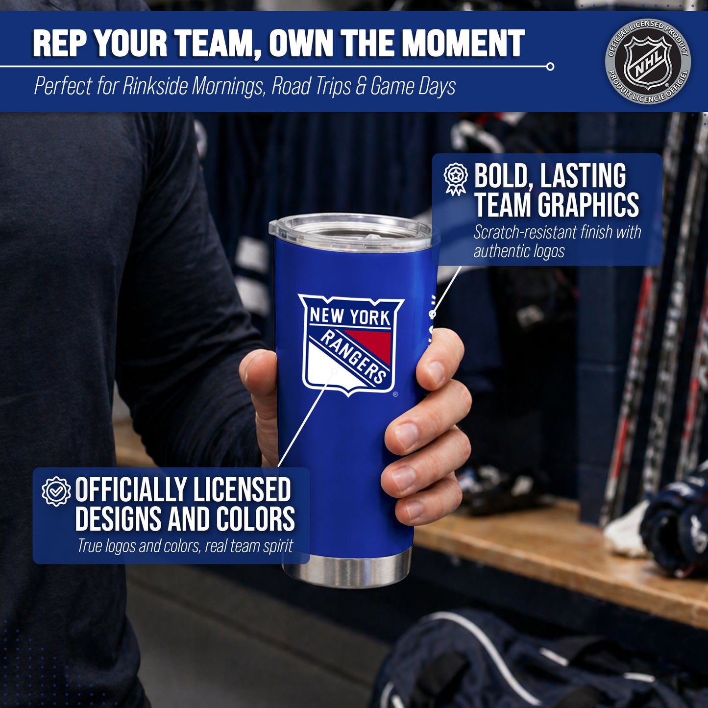 New York Rangers NHL Hockey 20oz Stainless Steel Vacuum Insulated Game Day Tumbler with Silicone Grip - Royal