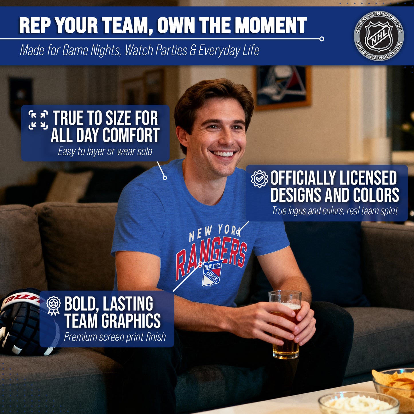 New York Rangers NHL Adult Powerplay Heathered Unisex T-Shirt - Royal