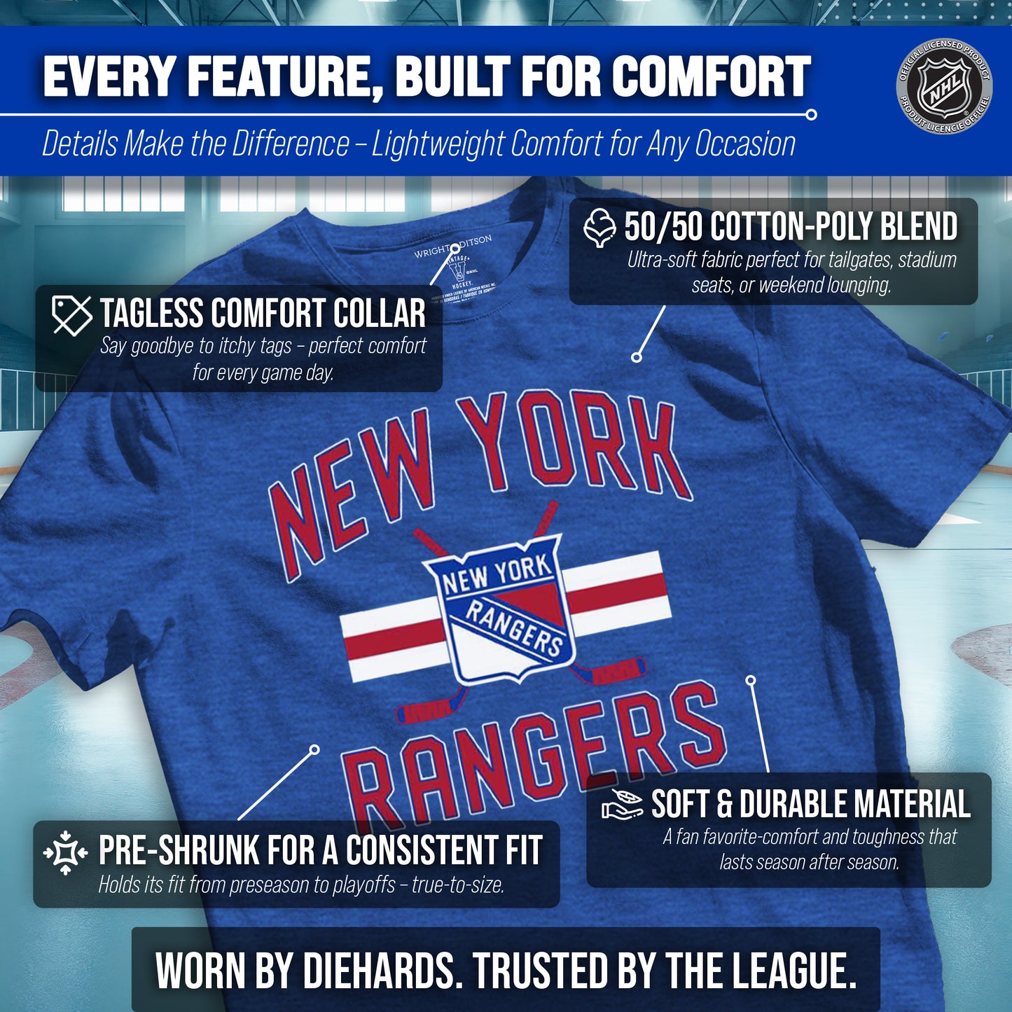 New York Rangers NHL Adult Faceoff Tag-Less T-Shirt - Royal