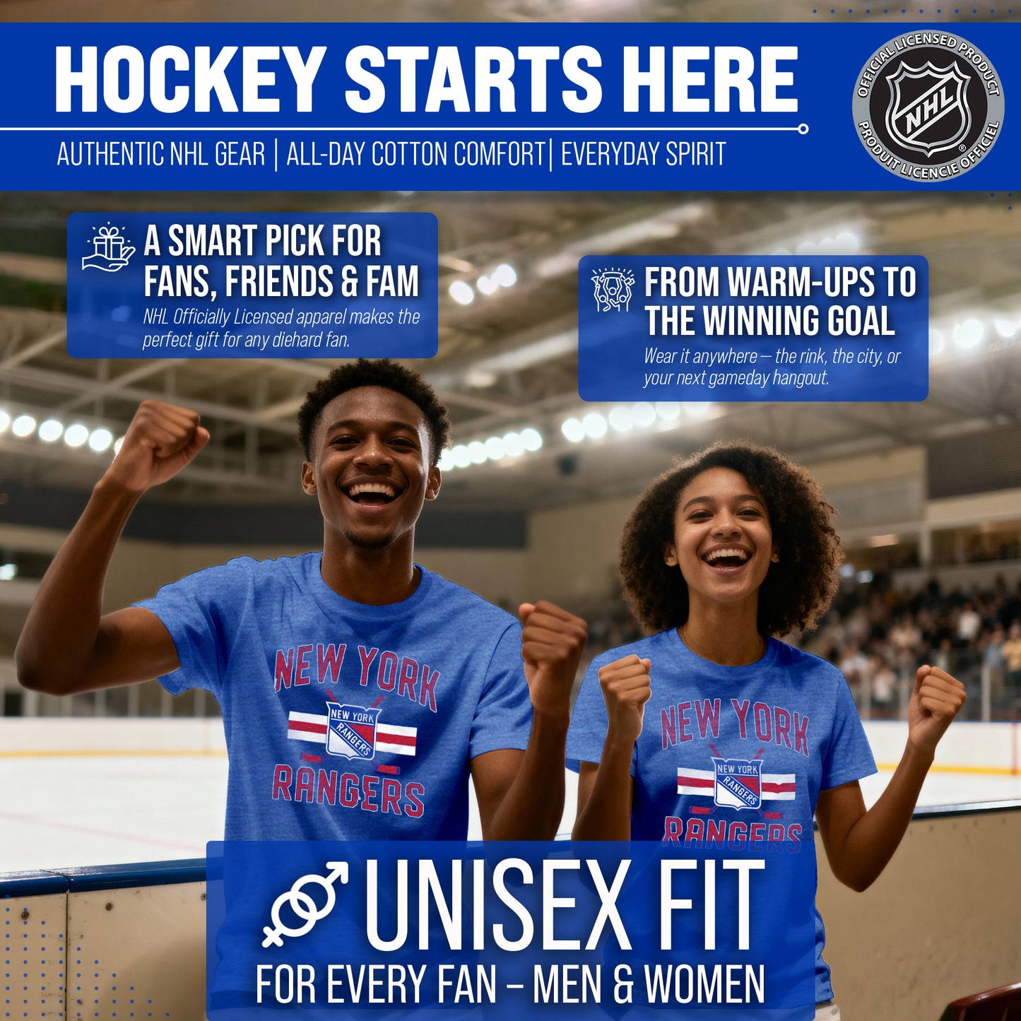 New York Rangers NHL Adult Faceoff Tag-Less T-Shirt - Royal