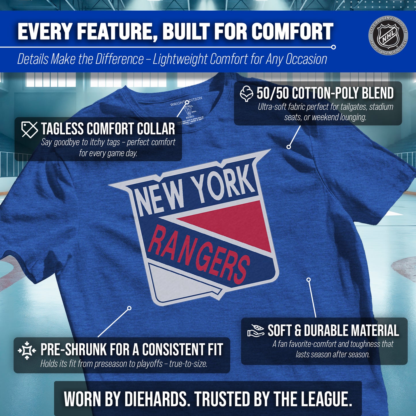 New York Rangers NHL Adult Retro Logo Tag-Less T-Shirt - Royal Heather