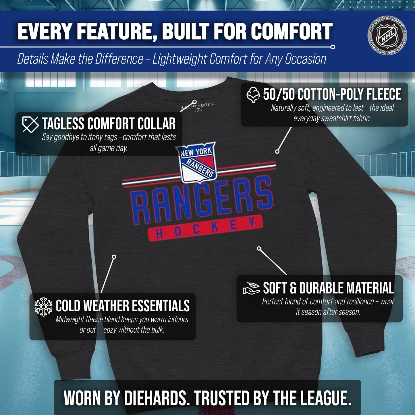 New York Rangers NHL Charcoal True Fan Crewneck Sweatshirt - Charcoal