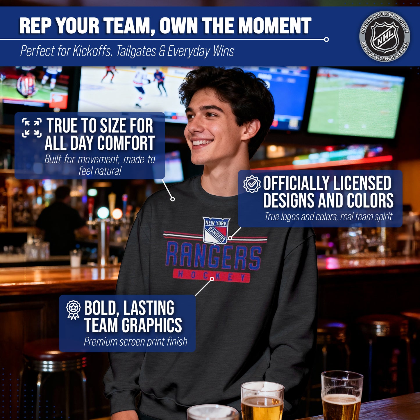 New York Rangers NHL Charcoal True Fan Crewneck Sweatshirt - Charcoal