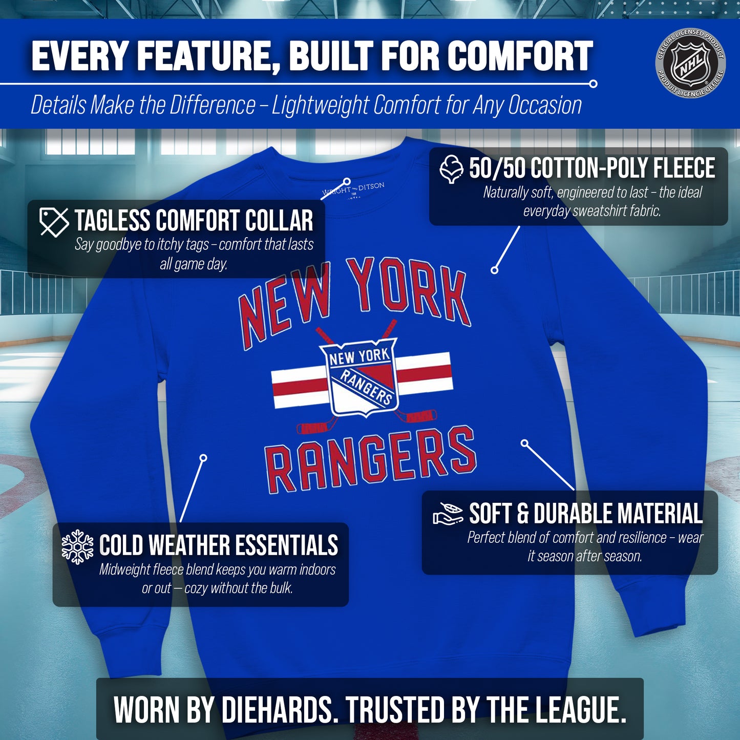 New York Rangers Adult NHL Faceoff Hockey Fleece Crewneck Sweatshirt - Royal