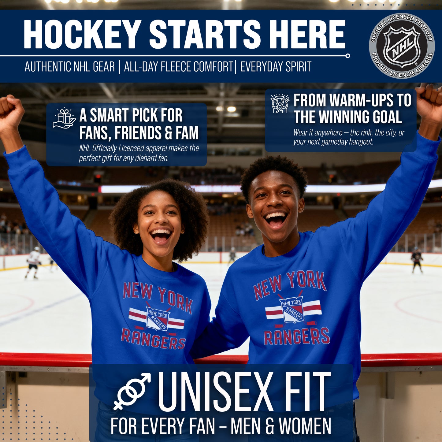 New York Rangers Adult NHL Faceoff Hockey Fleece Crewneck Sweatshirt - Royal
