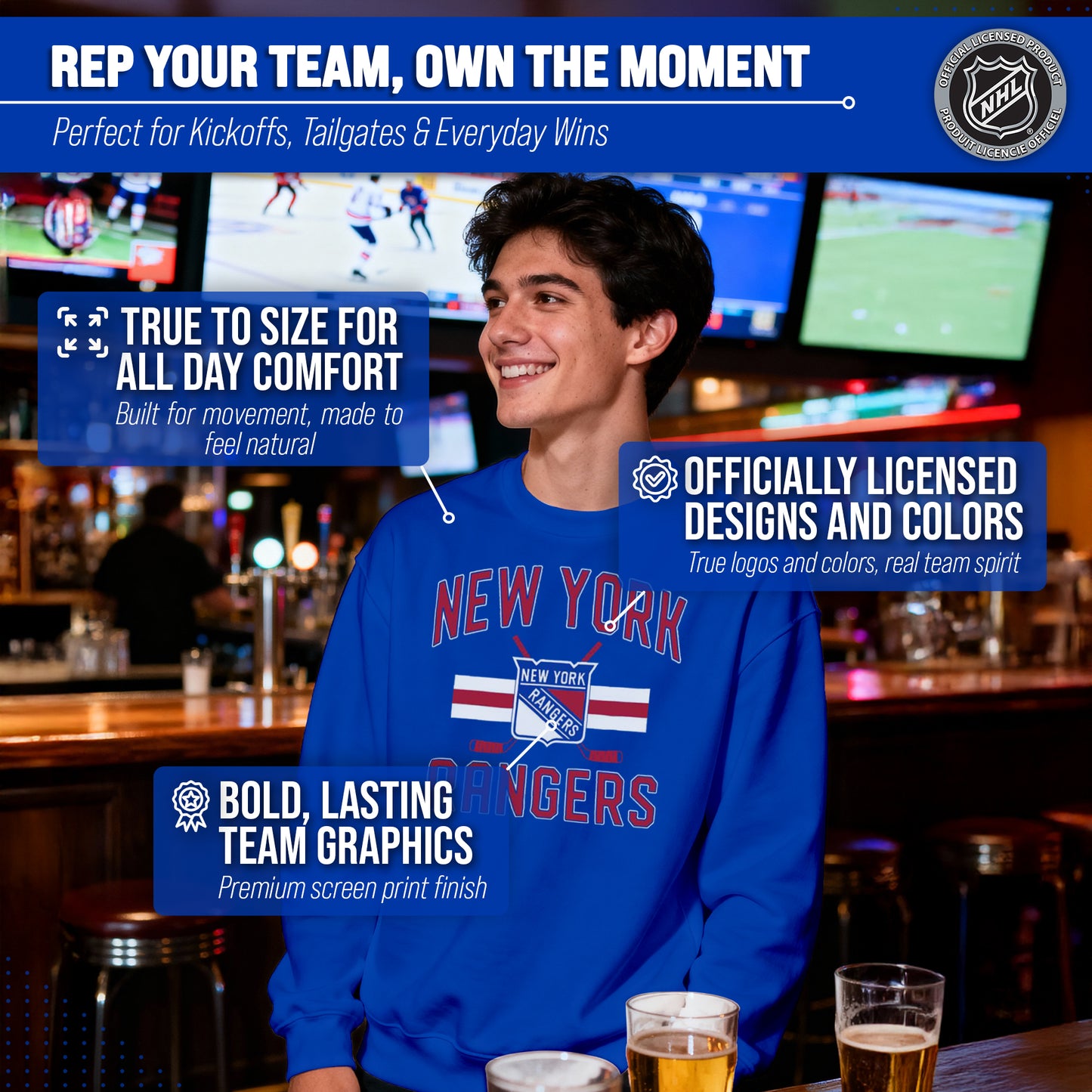 New York Rangers Adult NHL Faceoff Hockey Fleece Crewneck Sweatshirt - Royal
