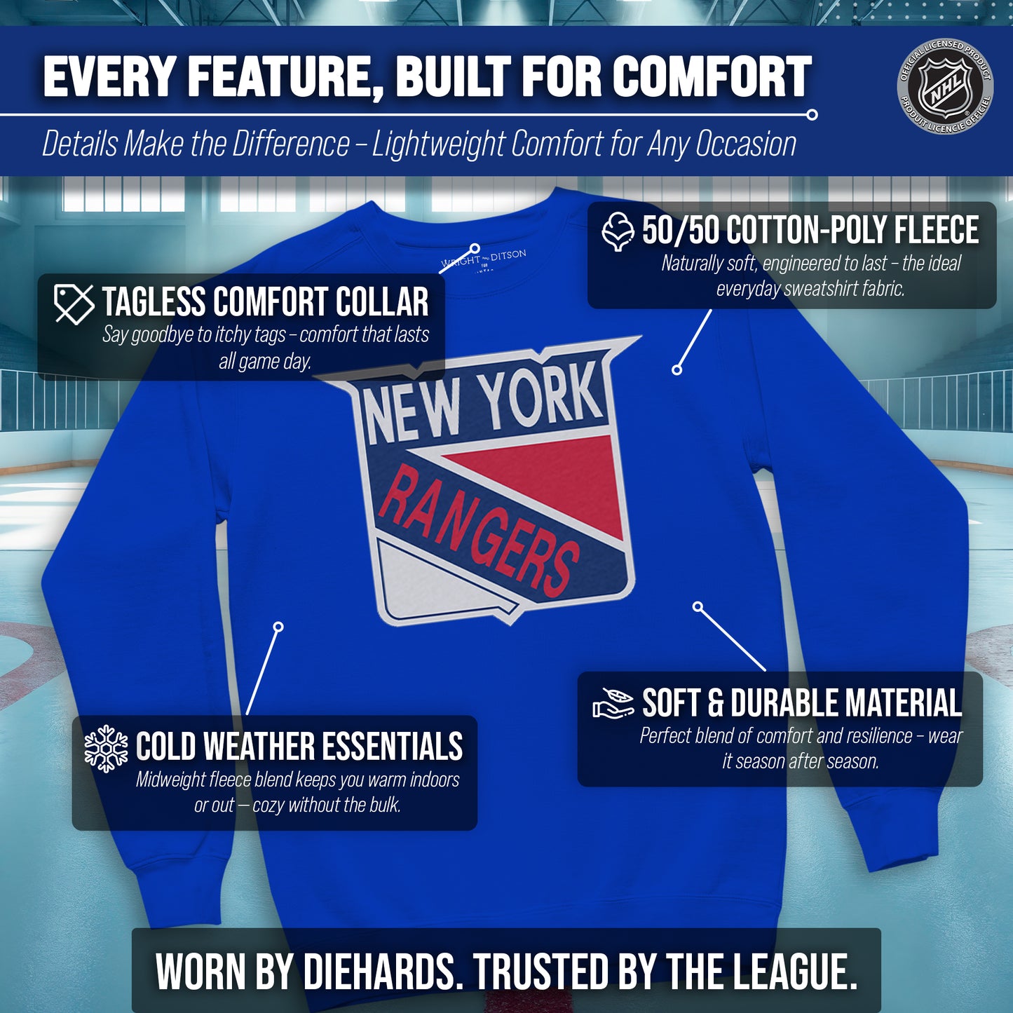 New York Rangers Adult NHL Retro Logo Hockey Fleece Crewneck Sweatshirt - Royal Heather