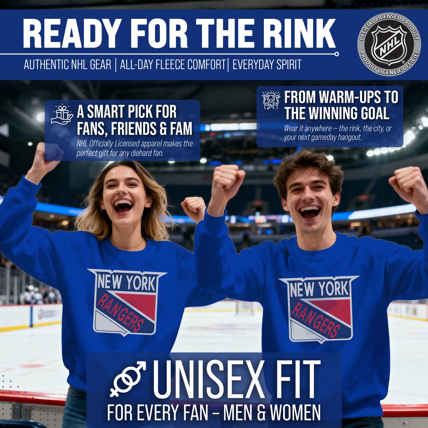 New York Rangers Adult NHL Retro Logo Hockey Fleece Crewneck Sweatshirt - Royal Heather