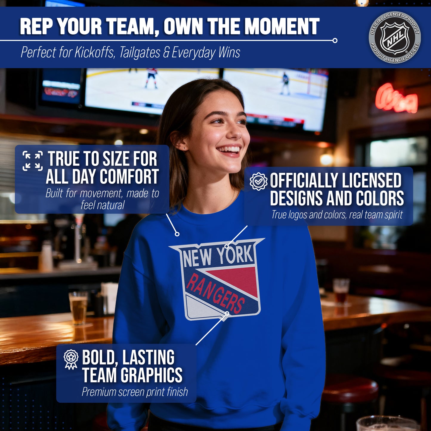 New York Rangers Adult NHL Retro Logo Hockey Fleece Crewneck Sweatshirt - Royal Heather