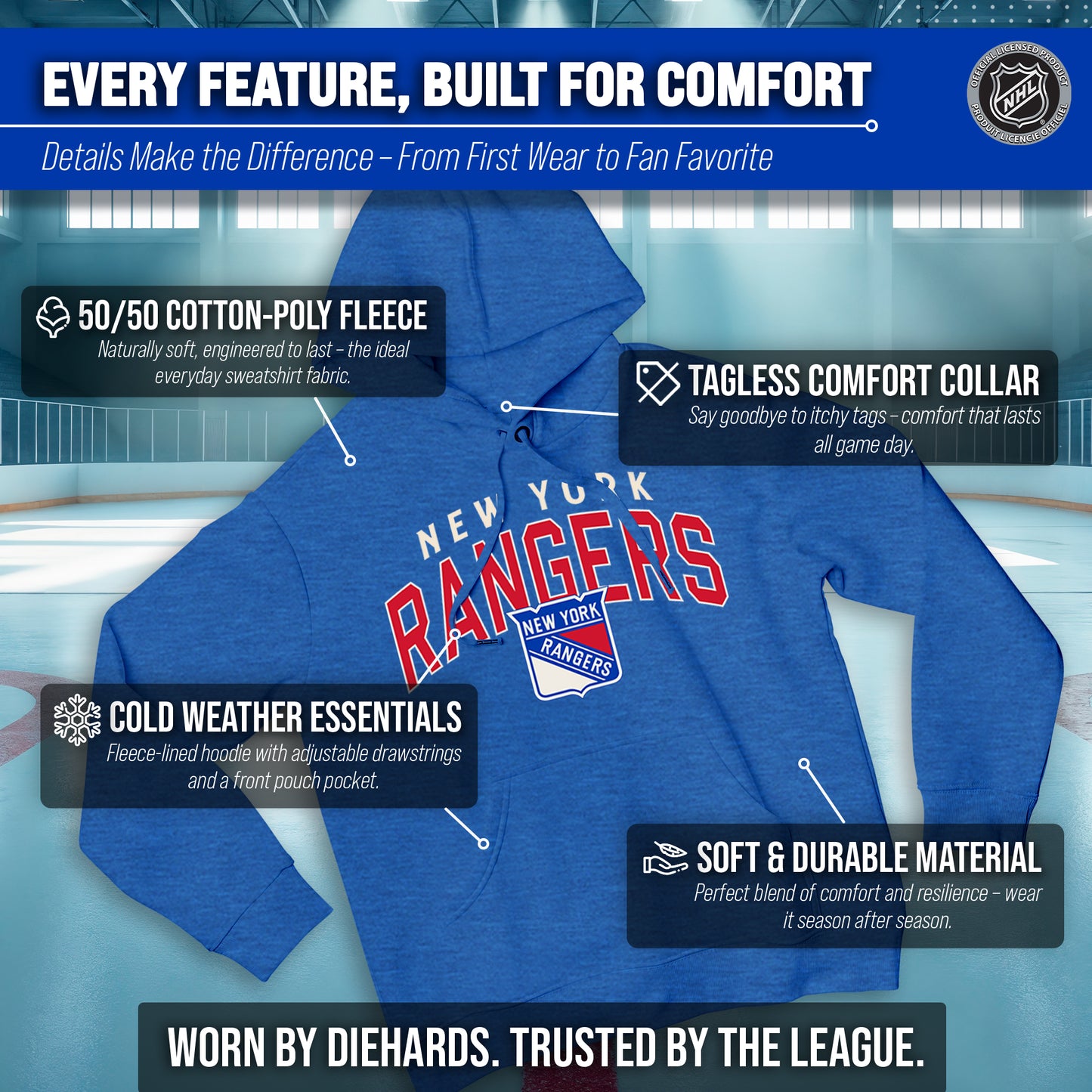 New York Rangers NHL Adult Unisex Powerplay Hooded Sweatshirt - Royal