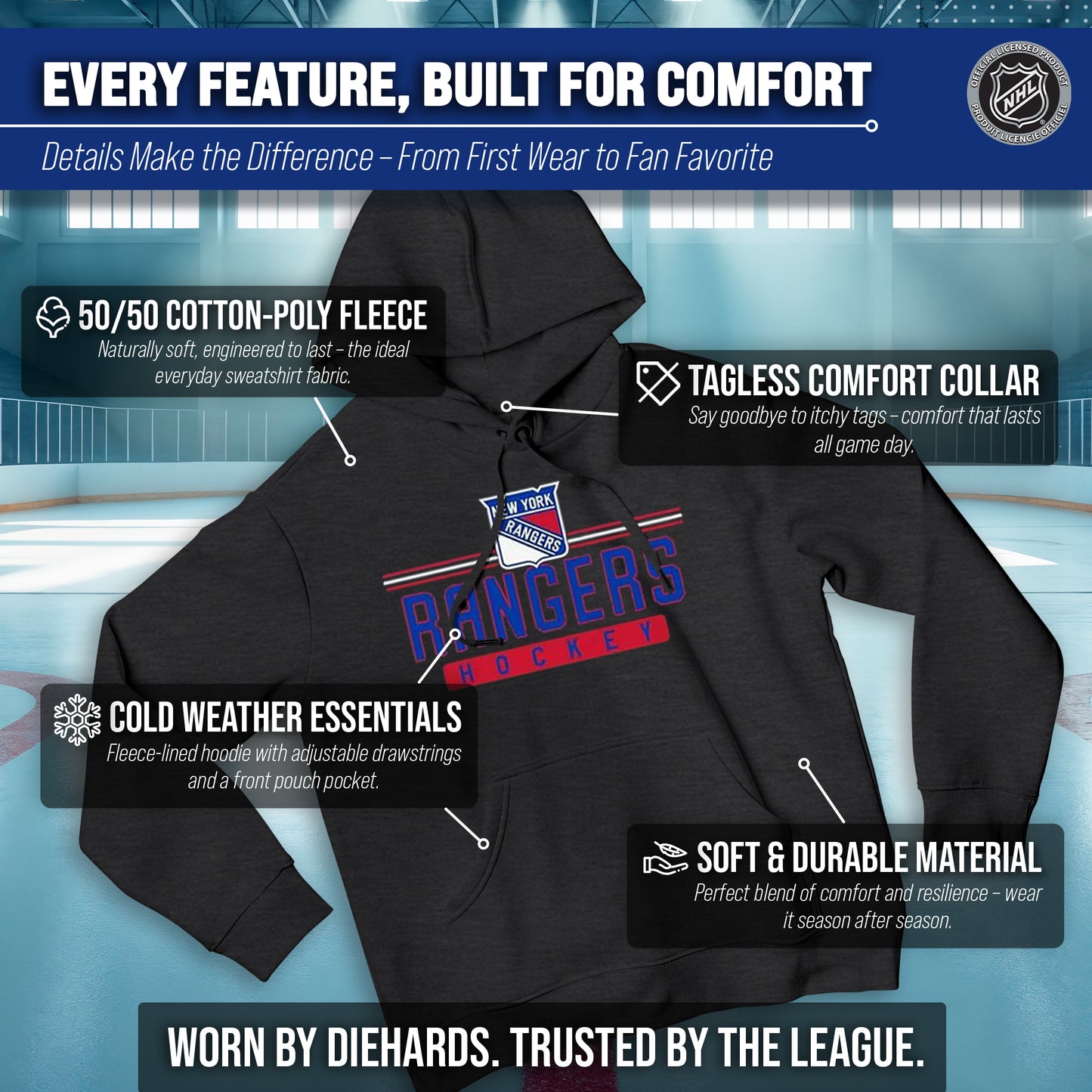 New York Rangers NHL Adult Heather Charcoal True Fan Hooded Sweatshirt Unisex - Charcoal