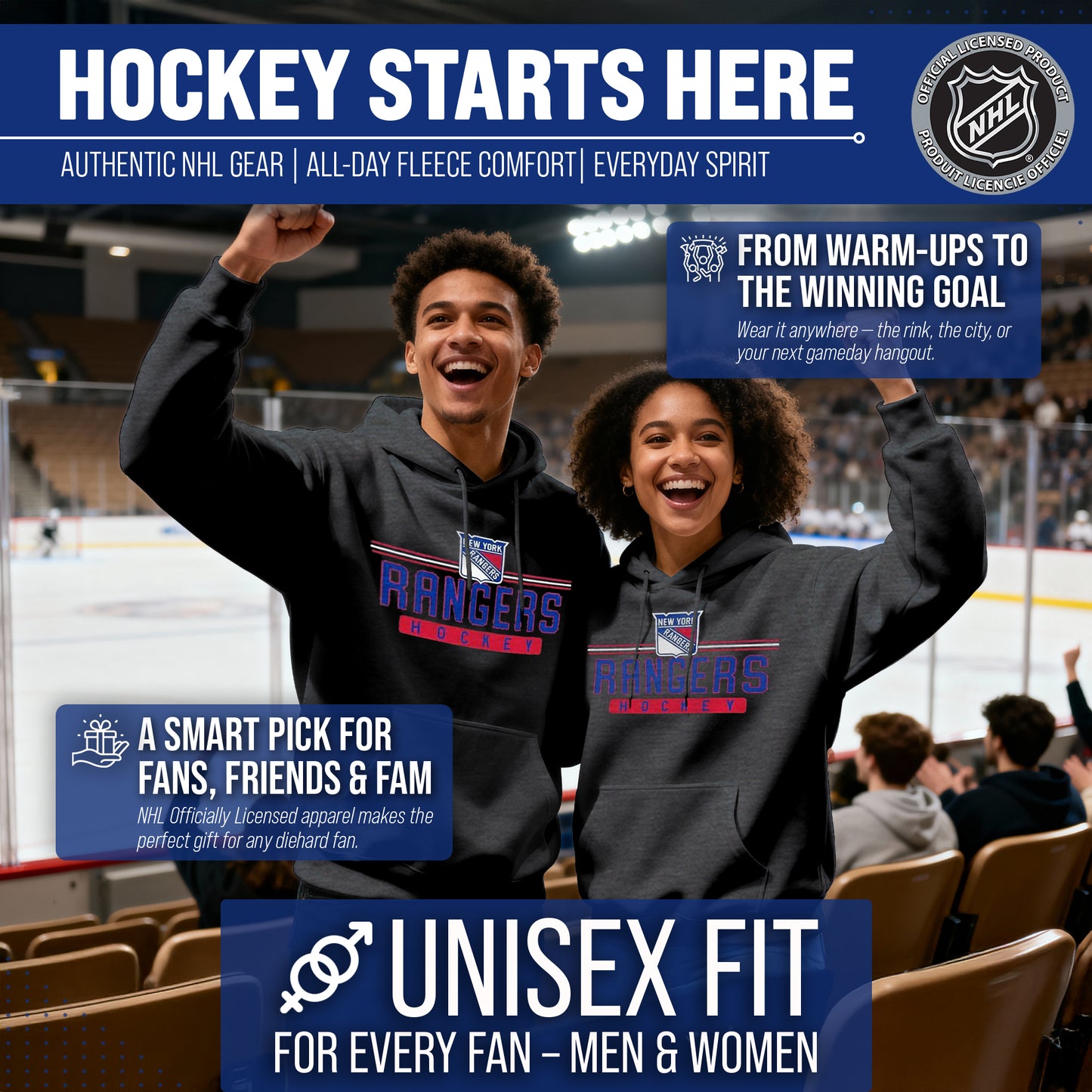 New York Rangers NHL Adult Heather Charcoal True Fan Hooded Sweatshirt Unisex - Charcoal