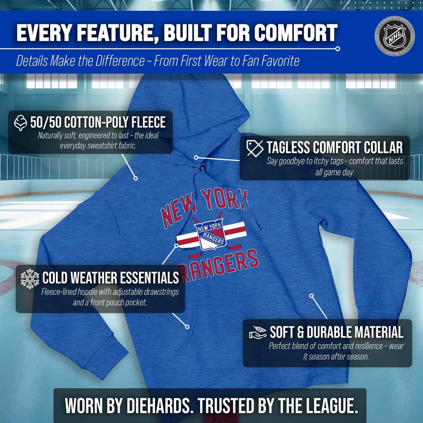 New York Rangers Adult NHL Faceoff Hockey Fleece Hooded Sweatshirt- Jersey Stripe - Royal