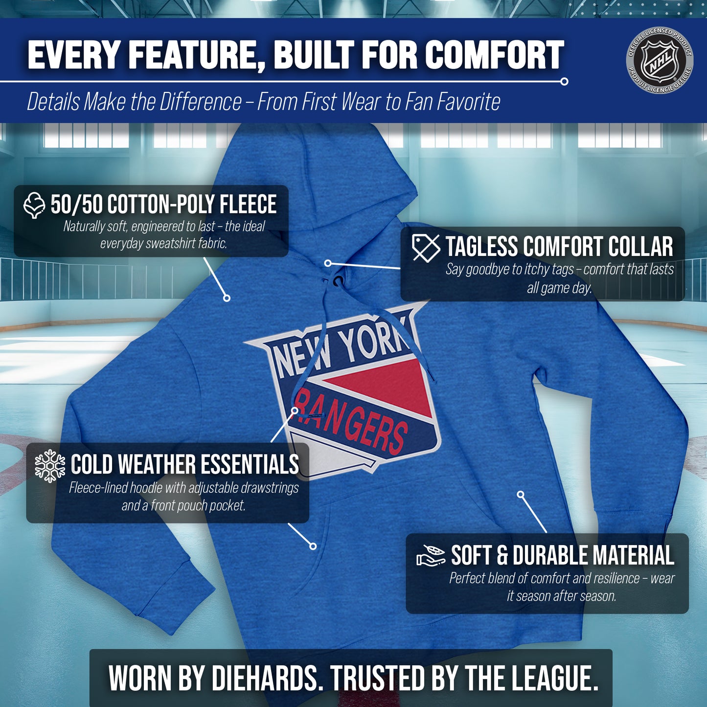 New York Rangers Adult NHL Retro Logo Hockey Fleece Hooded Sweatshirt - Royal Heather
